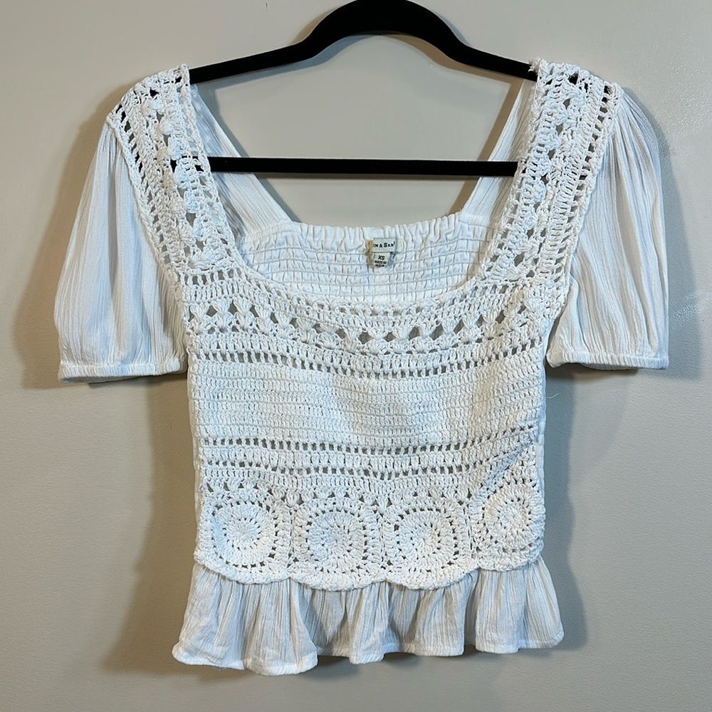 Sim & Sam White Crochet Square Neck Summer Beach Crop Ruffle Shirt Women’s XS